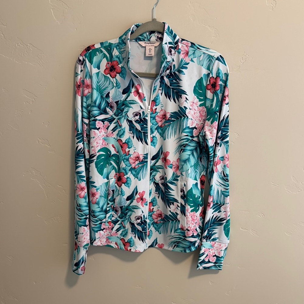Tommy Bahama White and Gray Long Sleeve Zippered activewear top